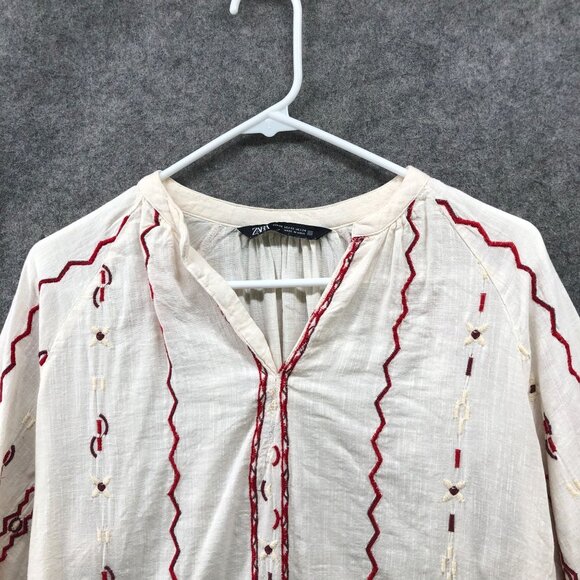 Zara Embroidered Blouse Womens XS Ivory Red Long Sleeve Boho Split Neck - Picture 3 of 8